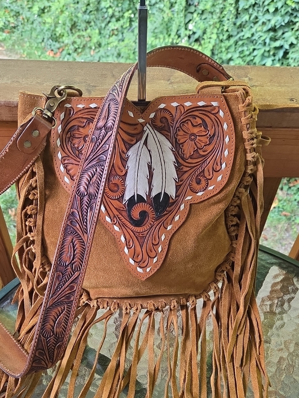 American Darling Feather Tooled Fringe Conceal Carry Crossbody Bag
